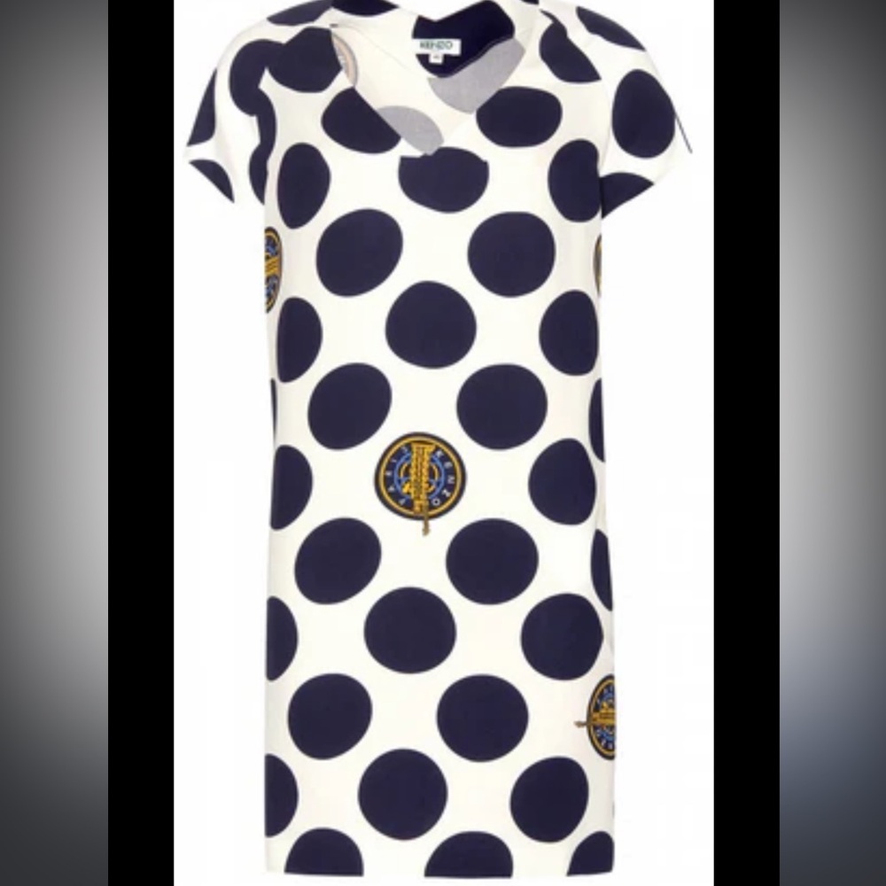 Kenzo White and Navy Polka Dot Dress with Logo Accents, Size 36, Brand New